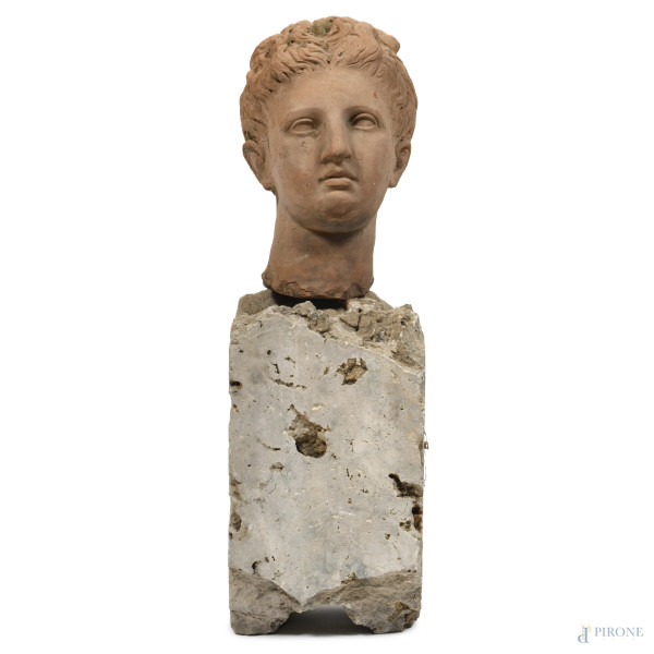 Testa virile in terracotta su base in pietra, XX secolo, altezza cm 82, (difetti, sbeccature, scalfiture)