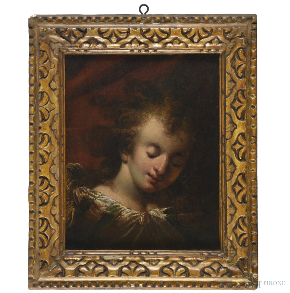 Volto di cherubino, olio su tela, XVII secolo, cm 41x32 entro cornice
