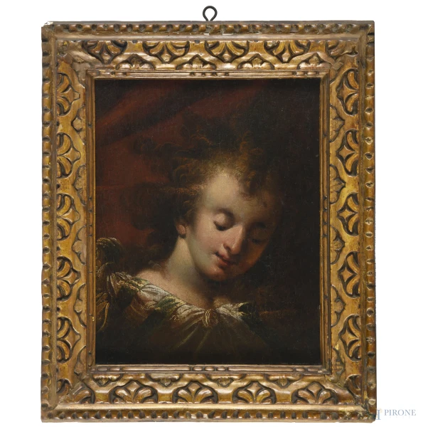 Volto di cherubino, olio su tela, XVII secolo, cm 41x32 entro cornice