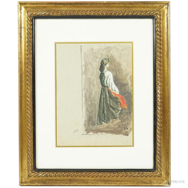 Figura femminile di spalle, acquerello su carta, siglato in basso a destra V.C., cm 20,8x16,5, entro cornice