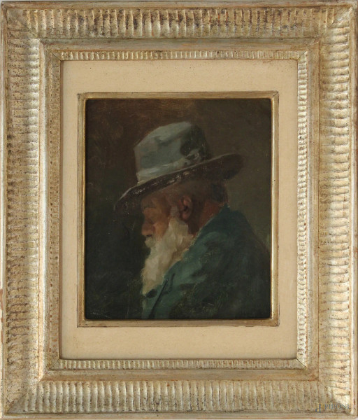 Ritratto di anziano, olio su tela, cm 22x19, entro cornice.