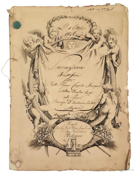 "In nome di Sua Santità Papa Pio Nono Felicemente Regnante [...]", antico manoscritto-sovvenzione fruttifera del 1846 composto da n.24 pagine e bollo papale più copertina illustrata  con incisione raffigurante putti, (difetti sulla carta).