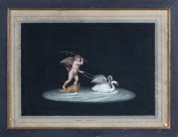 Amor Poetico, XIX secolo, incisione ritoccata, cm 65x48, entro cornice, (abrasioni, tracce di umidità, segni di usura)