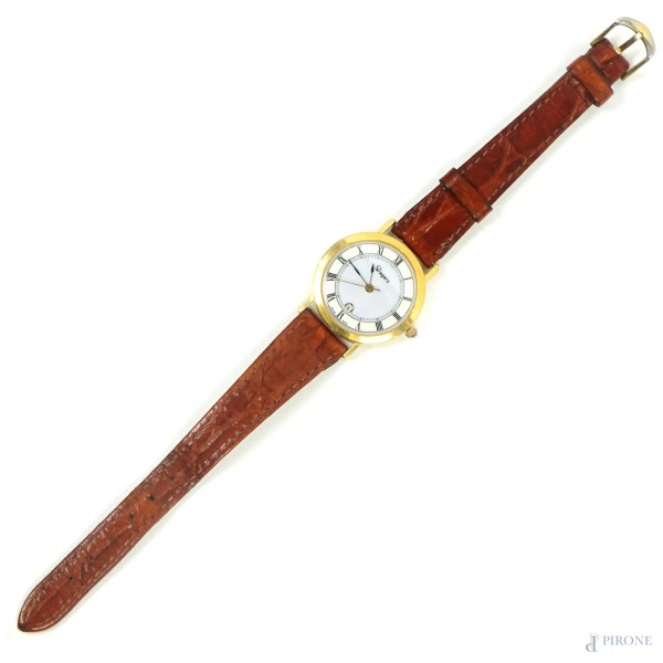 Ungary, orologio da polso da donna con cinturino in cuoio, lunghezza cm 21, entro custodia, (segni del tempo, meccanismo da revisionare).