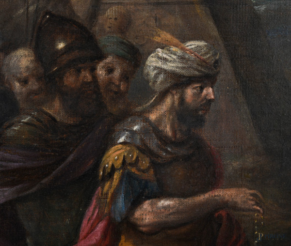 Eliezer e Rebecca al pozzo, olio su tela, XVII secolo, cm 95x130, (difetti)