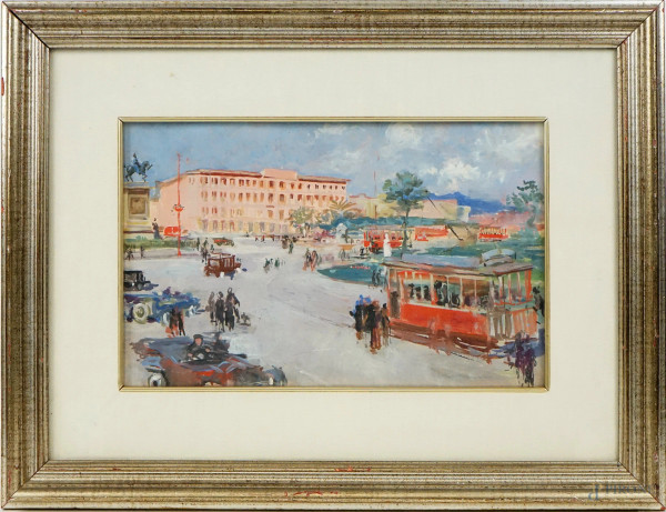 Scorcio di piazza con tram, tempera su cartoncino, cm 19x30, XX secolo, entro cornice.