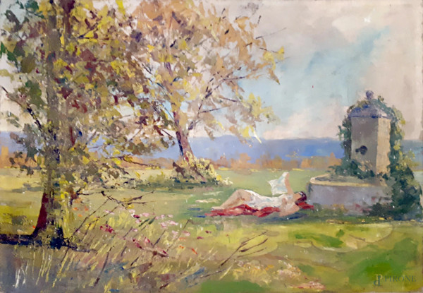 Artista del Novecento, Paesaggio con donna distesa e fontana, olio su tela, cm 55x38