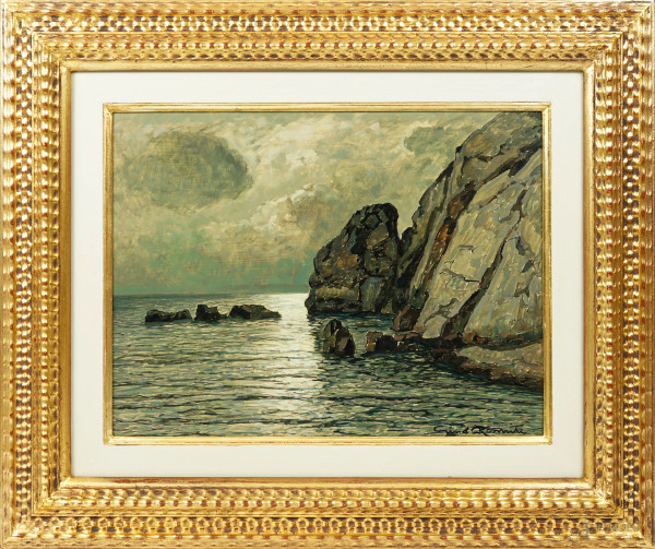 Gino Romiti - Marina, olio su faesite, cm 30x38, firmato in basso a destra, entro cornice