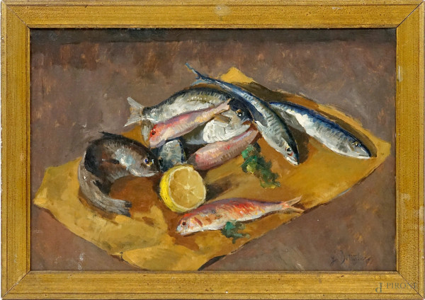Natura morta - pesci, olio su cartone, cm 38x58, firmato G.Bottiglieri, entro cornice.