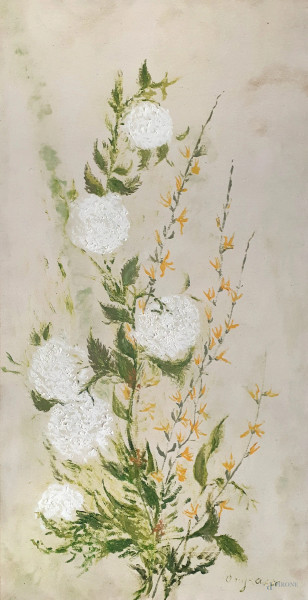Scuola del Chiarismo Lombardo del XX sec., Fiori, olio su tela degli anni 50, cm 40x80, firmato