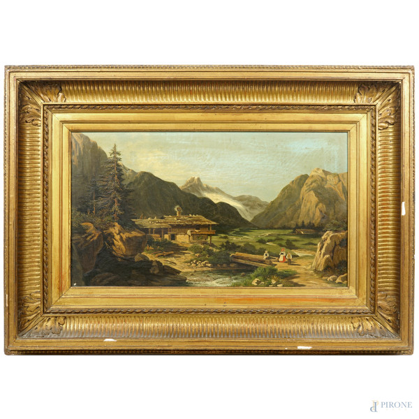 Paesaggio montano con torrente, olio su tela, fine XIX secolo, cm 30,5x52, entro cornice