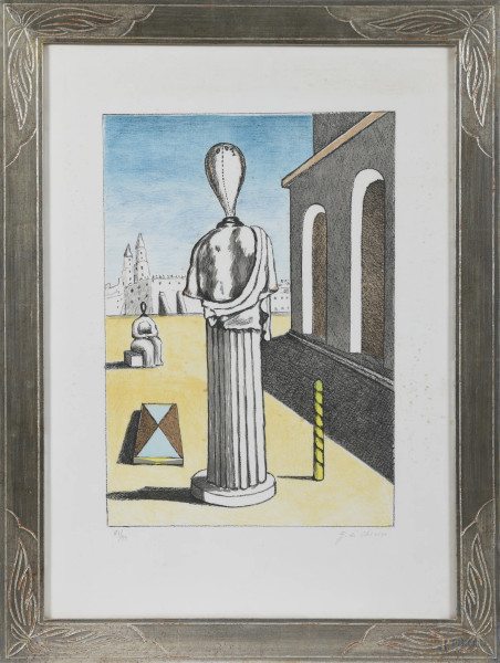 Giorgio De Chirico (1888-1978), Musa, litografia su carta, cm 70x50, firmato in basso a destra, esemplare 21/99, timbro di Alberto Caprini in basso a destra, timbro Giorgio De Chirico in basso a sinistra, entro cornice, (segni di usura, diffuso foxing, gore, tracce di umidità)