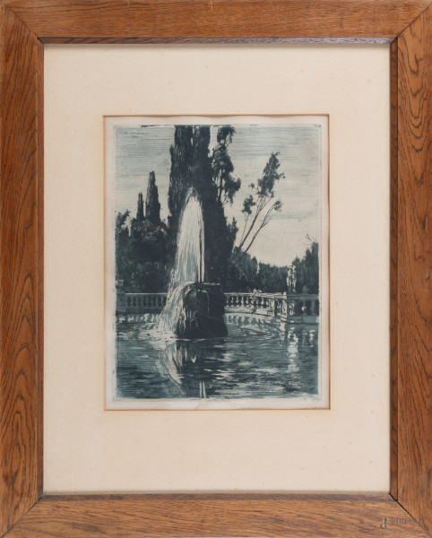 Pier Antonio Gariazzo (1879-1963), Fontana, 1909, incisione su carta, cm 60x46 compreso passepartout, entro cornice, (segni di usura, foxing, ondulazioni della carta)