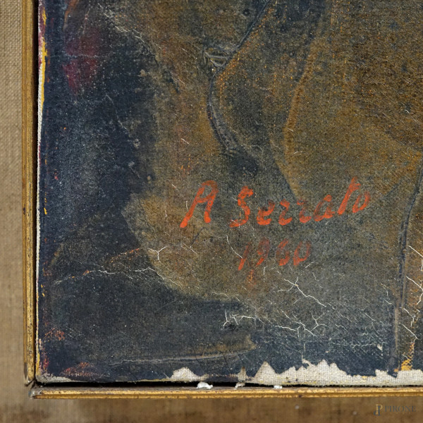 Donna seduta, XX secolo, olio su tela, cm 90x81, entro cornice, difetti)