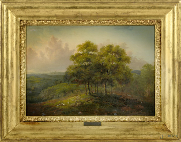 Paesaggio laziale con figure, olio su tela, cm 24x34,5 entro cornice, XIX secolo, (difetti)