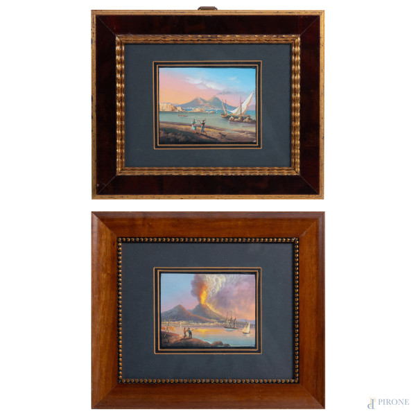 Coppia di gouaches raffiguranti vedute del Vesuvio, XX secolo, misure massime cm 19x24 compreso passepartout, entro cornice