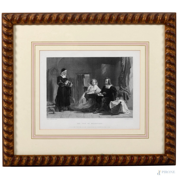 Stampa "The Visit to Melanchton", XX secolo, cm38x43,5 compreso passepartout, (ondulazioni della carta, tracce di umidità)