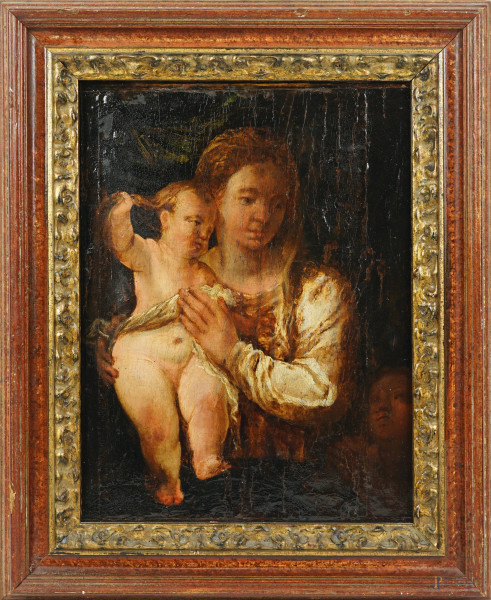 Scuola veneta del XVI secolo e restauratore moderno, Madonna con il Bambino e San Giovannino, olio su tavola, cm 42x32,2, entro cornice
