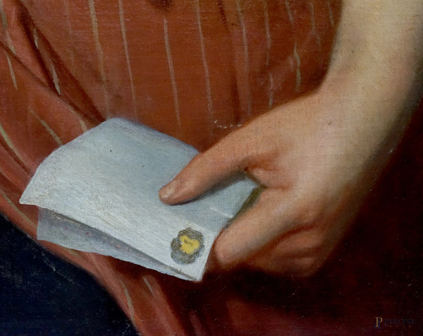 Fanciulla con lettera, sec. XIX, olio su tela, cm 100x81, siglato, entro cornice. (Difetti)