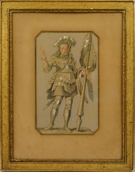 Giovanna d'Arco, pastello su carta, cm 32,5x20, firmato, entro cornice