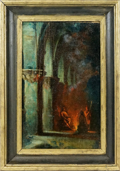Veglia notturna, olio su cartone telato, cm 32x20, inizi XX secolo, entro cornice.