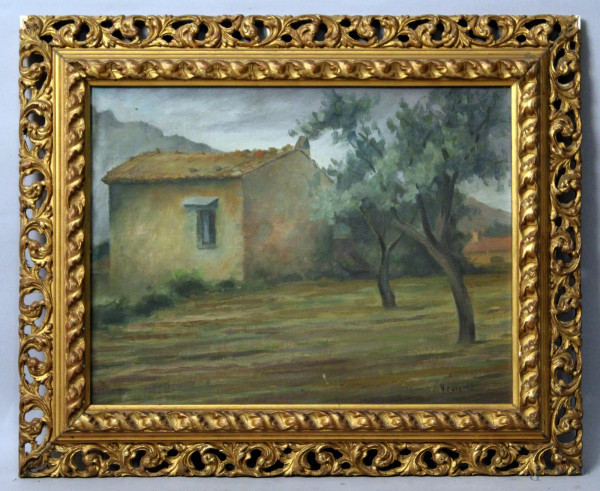 Paesaggio con casolare, olio su cartone telato, cm. 30x42, firmato V. Parente, entro cornice.