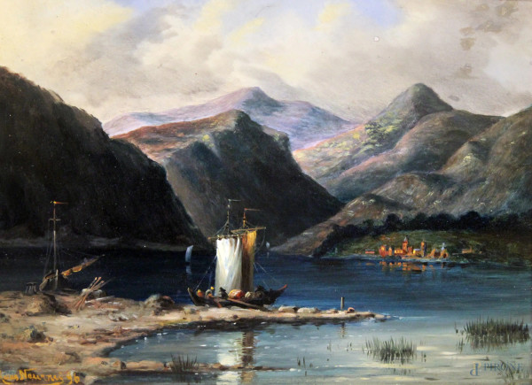 Paesaggio montano con lago, barche e figure, olio su cartone, cm 36x27, entro cornice firmato.