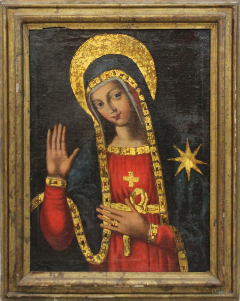 Scuola dell'Italia meridionale, XVII secolo, Madonna della stella, olio su tela, cm 67,5x49, entro cornice.