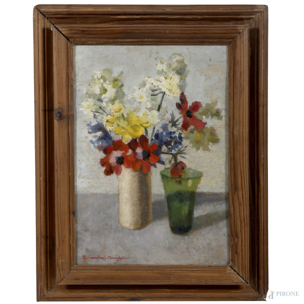 Natura morta, XX secolo, olio su compensato, cm 49x32, firmato in basso a sinistra, entro cornice, ( segni di usura, cadute di colore, abrasioni)