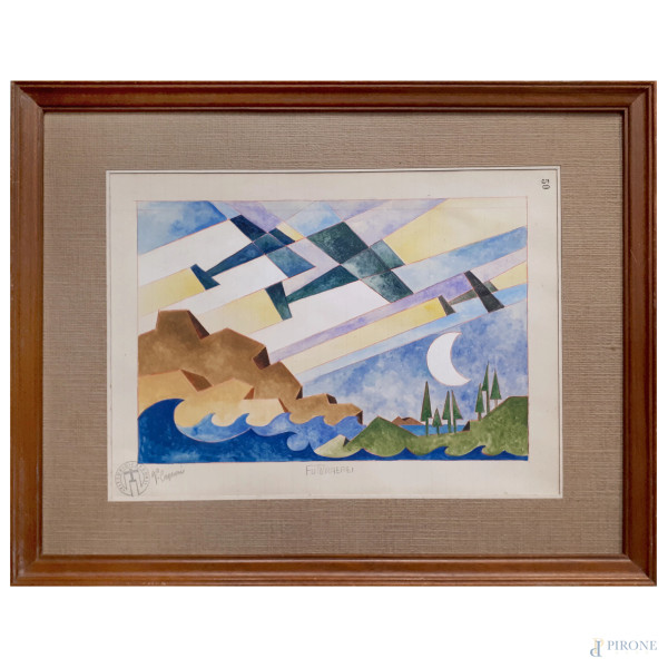 Vittorio Caproni (XX sec.), Futuraerei, tecnica mista su carta, cm 23x33, firma, titolo e timbro dell’Artista, con cornic