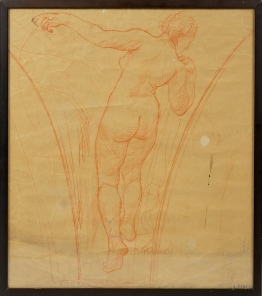 GIUSEPPE  RIVAROLI - Studio di nudo femminile, matita rossa su carta, firmato in basso, cm 53x46,5. (Difetti)