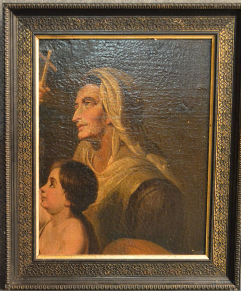 Donna con bambino, olio su tela riportato su tavola, 35x30 cm, entro cornice firmato XIX sec.
