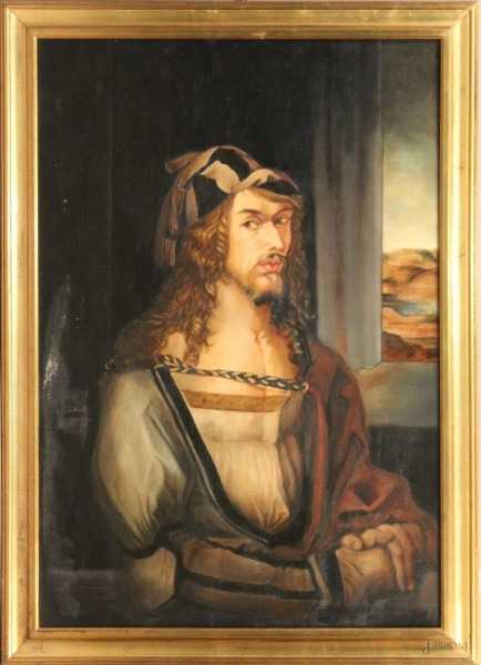 Ritratto di Albrecht Durer, olio su tela 100x70 cm, XX sec, entro cornice.