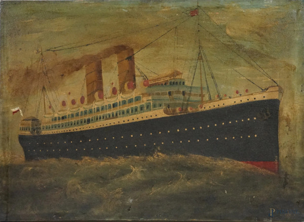Transatlantico, olio su tela, cm 52x73, inizi XX secolo, (difetti).