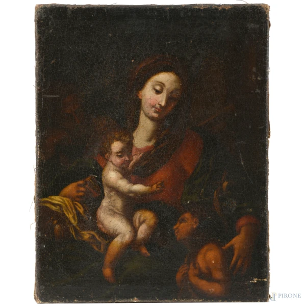 Madonna con bambino, olio su tela, XVIII secolo, cm 47,5x37, (craquelure, piccole cadute di colore)