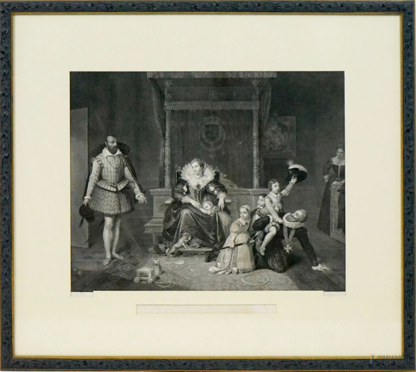 Enrico IV gioca con i suoi figli, stampa, cm 42,5x48,5 circa, incisore Joseph Theodore Richomme (1785-1849), pittore Jean Auguste Dominique Ingres (1780-1867), entro cornice.