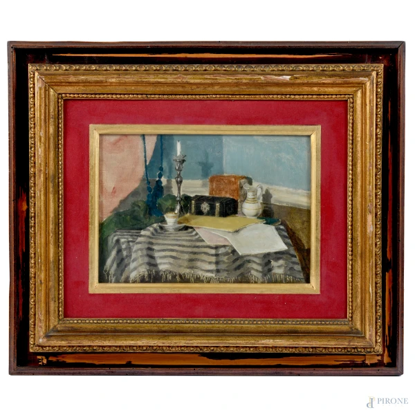 Natura morta, XIX-XX secolo, olio su tela, cm 19x26, entro cornice, (lacerazione della tela, assottigliamento della materia pittorica)