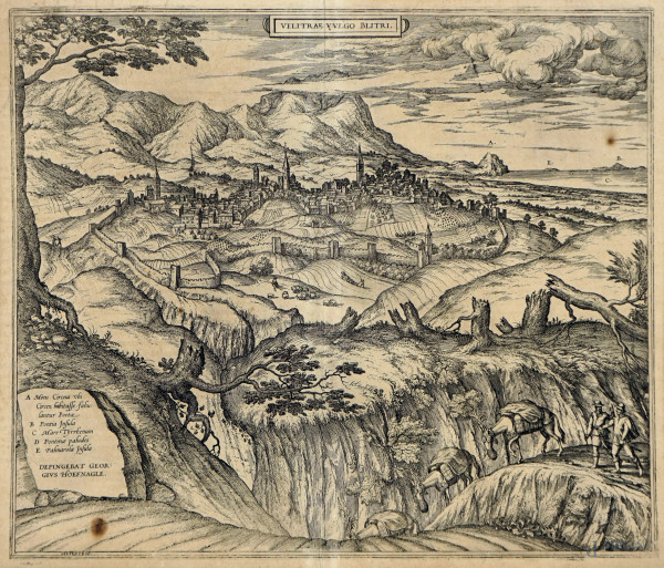 Georgius Hoefnagle (1542-1600) , Veduta di Velletri, incisione, cm 41x55, (macchie sulla carta)