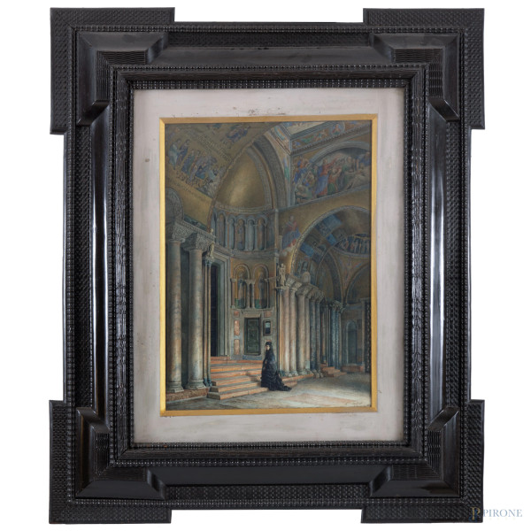 Carlo Cornaglia, Interno di chiesa con dama, tecnica mista su carta, cm 65x47, firmato e datato 