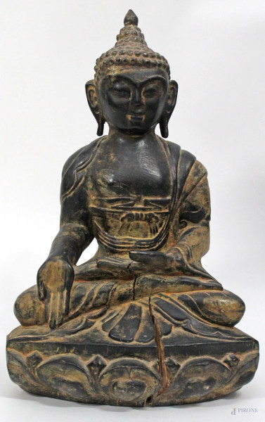 Budda, antica scultura in legno, Arte Orientale, H 48 cm.