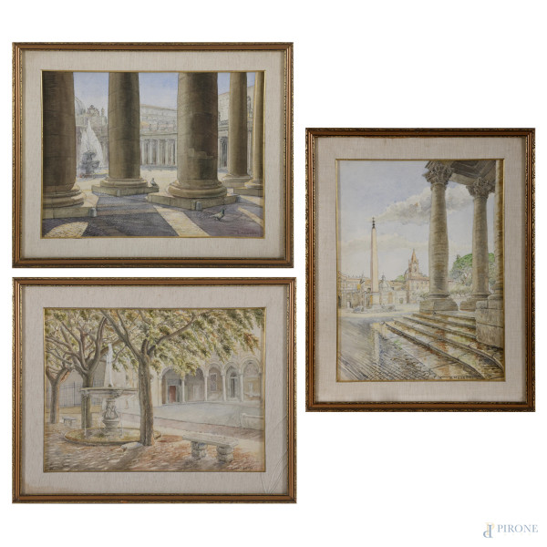Lotto di tre acquerelli su carta raffiguranti scorci di Roma, XX secolo, cm 38x51 entro cornice, firmati S. Massoni