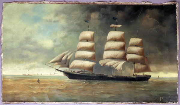 Marina con veliero, olio su tela, 80x137 cm, (privo di telaio).