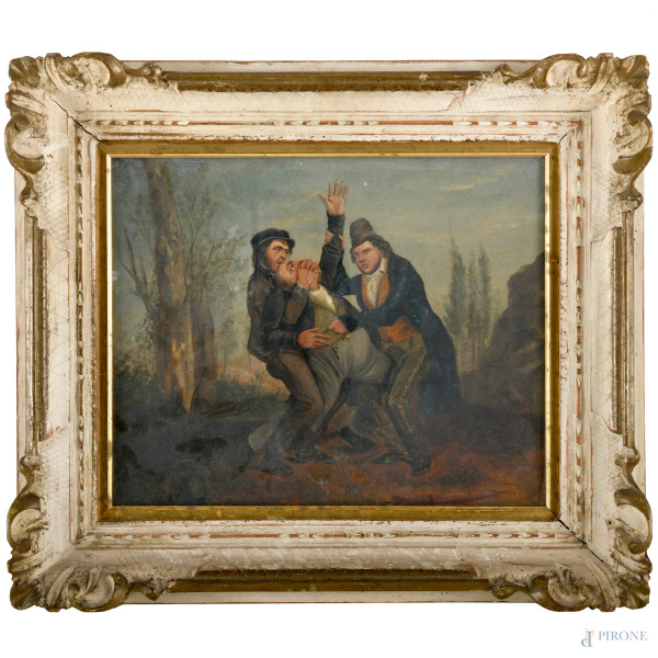Briganti, XIX secolo, olio su tela, cm 29,5x35, entro cornice, (difetti)