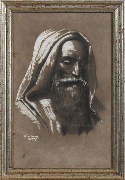 Profeta, XIX-XX secolo, tecnica mista su carta, cm 44x28, firmato in basso a sinistra, entro cornice, (segni di usura, tracce di umidità, piccole lacerazioni, difetti)