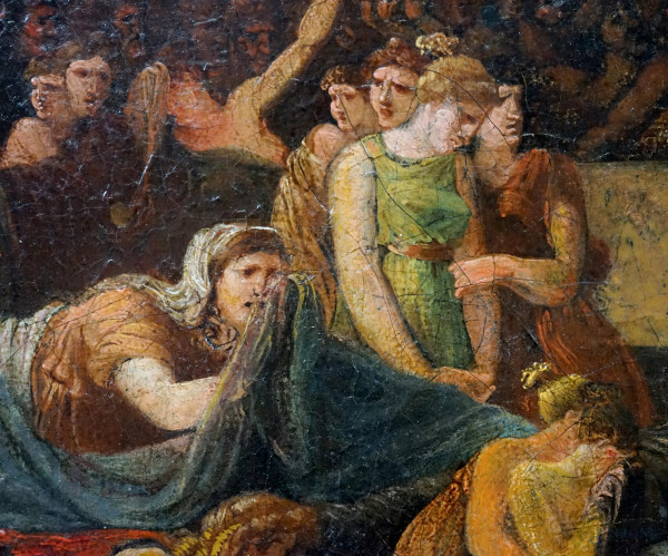 La morte di Camilla, XIX secolo, olio su tela, cm 30x45, entro cornice, (difetti)