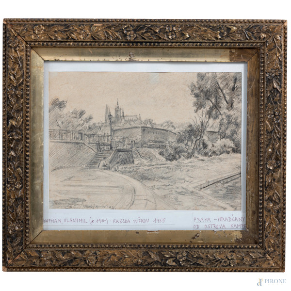 Vlastimil Hofman (1881-1970), Veduta del castello di Praga, grafite su carta,  cm 24x29 compreso passepartout, firmato e datato "1955" in basso a sinistra, entro cornice