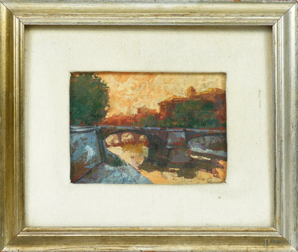 Corrado Frateantonio - Ponte Garibaldi, olio su tavoletta, cm 13,5x18,5,entro cornice