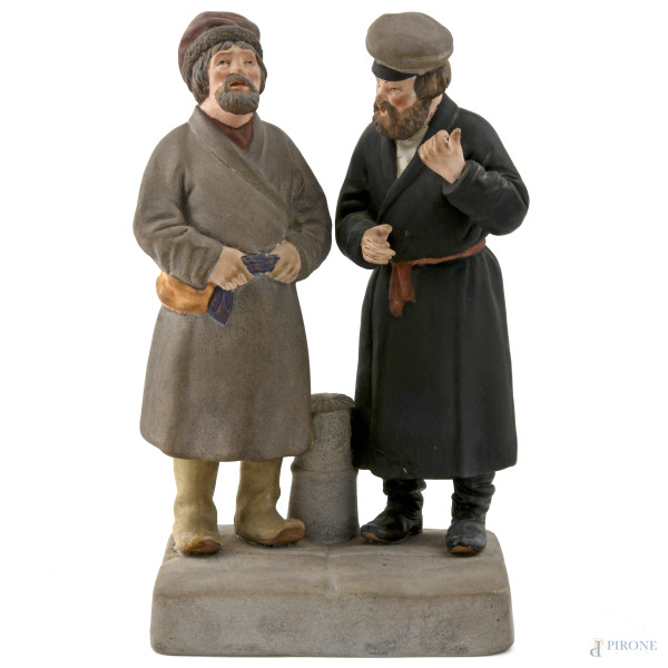 Gruppo scultoreo in terracotta policroma raffigurante due contadini, XX secolo, altezza cm 22, (segni di usura)