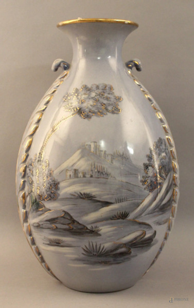 Vaso in ceramica blu a decoro di paesaggi e figure, altezza 40 cm, marcato, (sbeccatura).