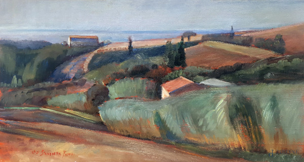 Artista macchiaiolo, Maremma Toscana Follonica, 1969, olio su tavola, cm 27x50, firmato Leo Spaventa Filippi (1912-1999) in basso a sinistra, firma titolo e anno al retro